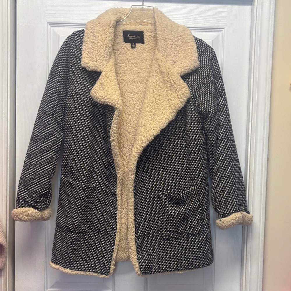 Sweet Rain Black and Cream Tweed Outer Fleece Lined Jacket Small